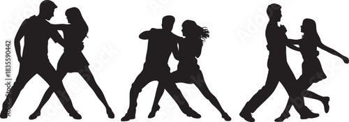 Elegant Couple Dancing Salsa Bachata Silhouette on a White Background