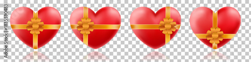 Four red heart-shaped gift boxes with golden ribbons and bows, isolated on a transparent background.