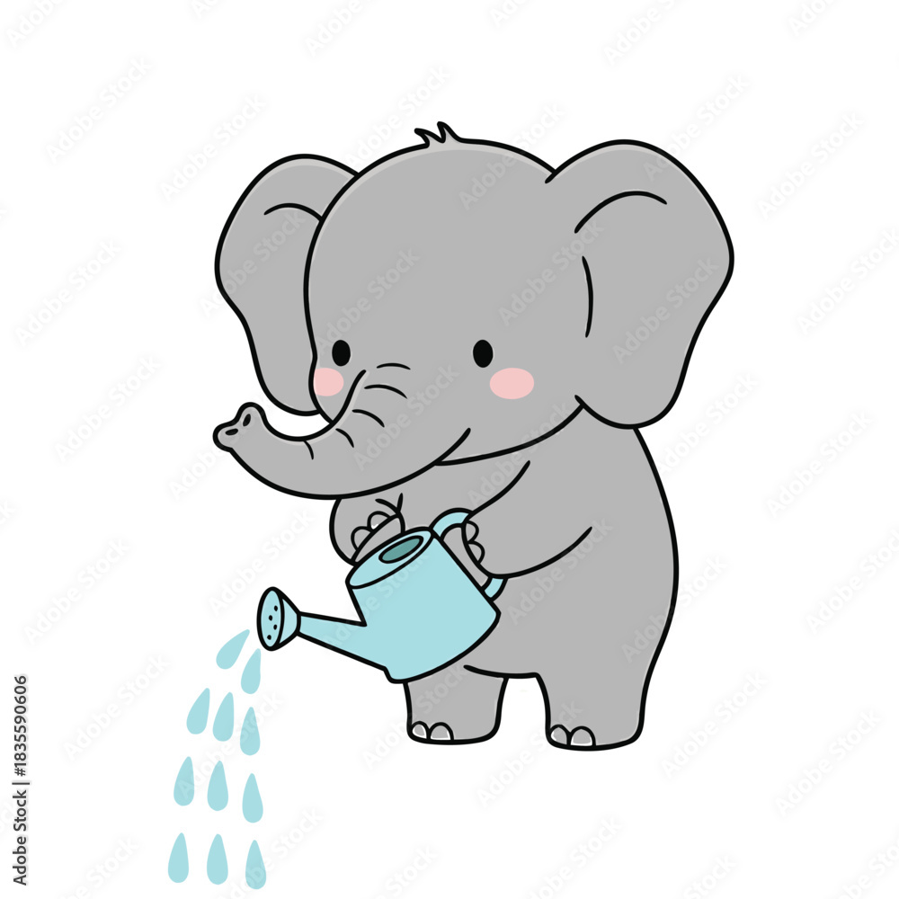 Fototapeta premium Cute Elephant Watering with a Blue Can.