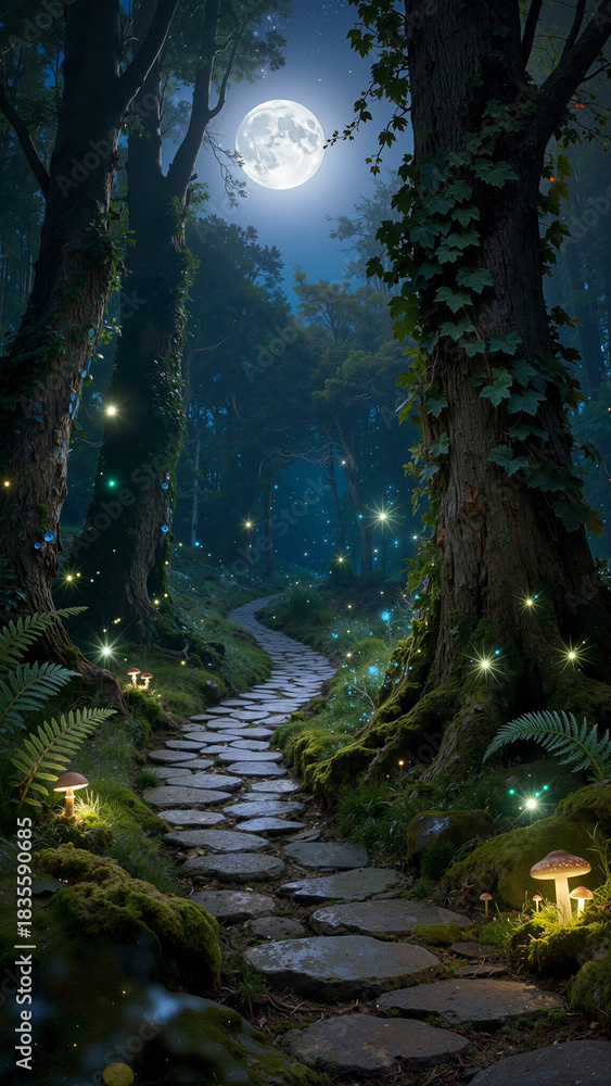 Obraz premium A winding stone path leads through a dark forest under a full moon. Soft light from glowing mushrooms and fireflies adds a magical touch to the scene. Trees frame the path filled with ferns
