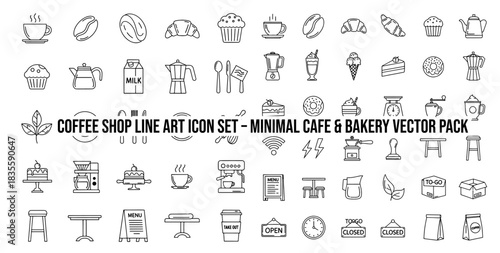 Coffee shop line art icon set minimal cafe and bakery vector pack