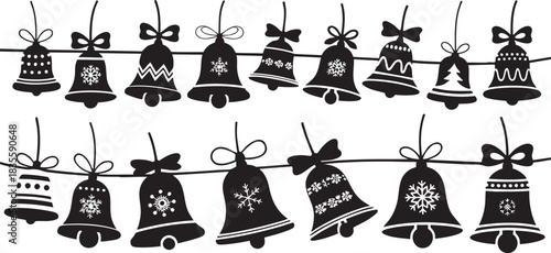 Festive black and white holiday jingle bells hanging with decorative snowflakes