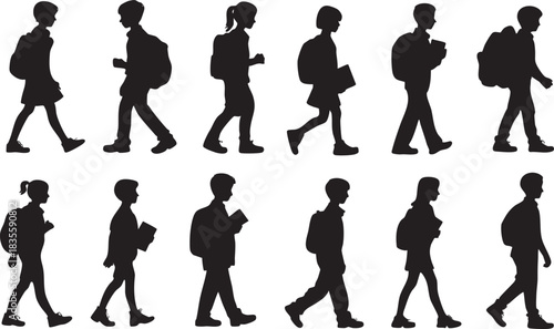 Group of diverse students walking silhouettes representing education and school life