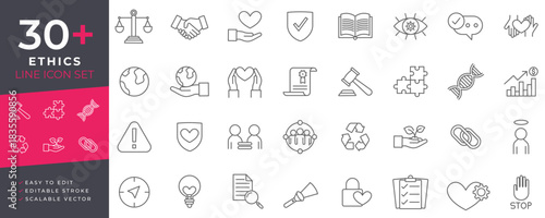 Ethics template features editable stroke and outlines, representing moral values, law, integrity, justice, and corporate social responsibility principles for modern digital presentations and projects.