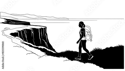 High-quality black silhouette line art of a person carrying a backpack and walking along a coastal trail, hiking on a scenic seaside path, outdoor adventure silhouette