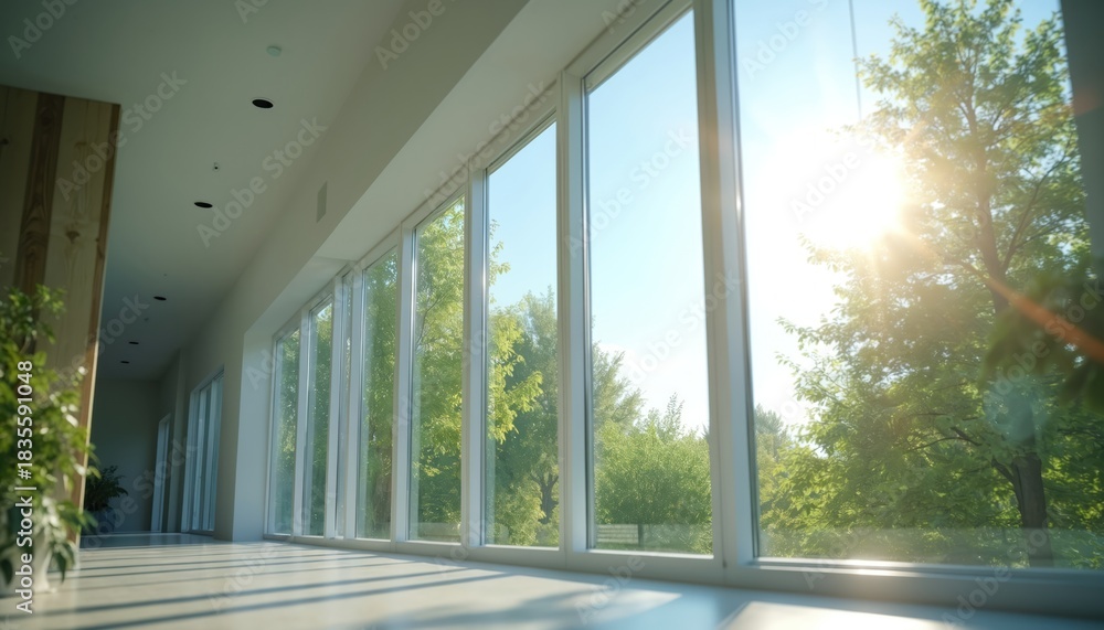 Fototapeta premium Large windows installed in building hallway allow sun light inside. Green trees visible outside through glass panels. Natural illumination brightens modern architecture interior.