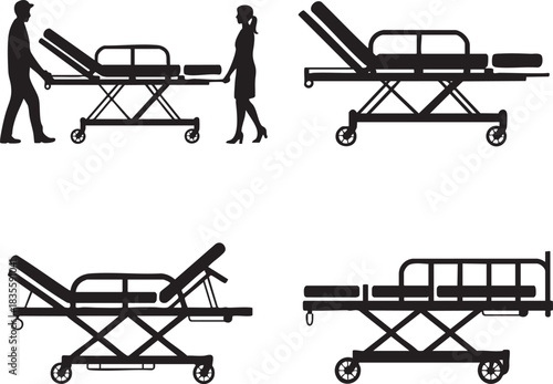 Hospital gurney silhouette icons on a white background health care concept