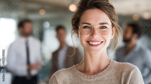 Confident Executive in Focus: A poised businesswoman beams, her radiant smile and elegant glasses perfectly capture her confident and capable demeanor.