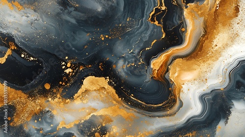 Abstract swirling dark blue green and gold fluid art texture