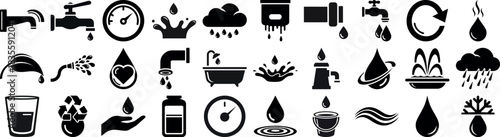 A collection of various water related icons in black and white silhouette
