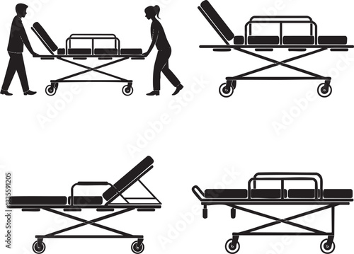 Medical Stretcher Illustrations with Healthcare Workers Black and White Set