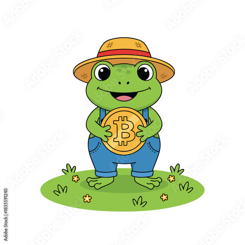 Frog farmer holding Bitcoin on grassy patch.