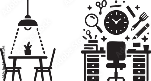 Minimalist Illustration of Dining Room and Office Space in Black and White