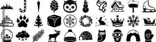 A collection of various winter themed black and white cliparts silhouette