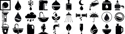 A collection of water related black and white vector icons set silhouette