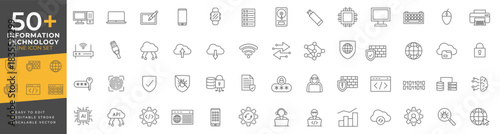 Information technology line art icon set with scalable vector symbols representing networking, cloud computing, data security, programming, and technology concepts for professional design.