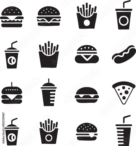 Monochrome vector illustrations of fast food meals and snacks for restaurants