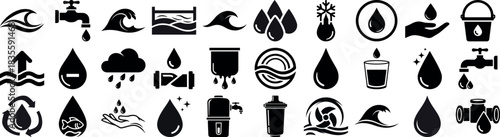 Collection of black and white water related icons and symbols set silhouette