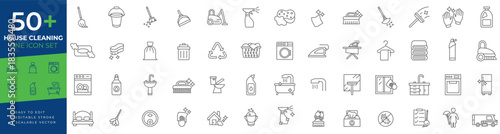 House cleaning line art icon set with editable strokes and scalable vector symbols representing household cleaning, laundry, washing, hygiene, and home care concepts for digital projects.