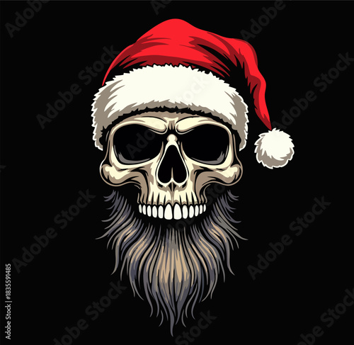 Biker vector t-shirt design with 
сhristmas human skull with beard
in santa claus new year hat on black background.
Fashionable print for fabric, paper, men clothing,
hoodie, jacket. T shirt template.