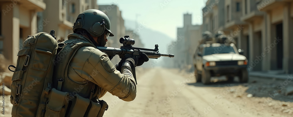 Naklejka premium Soldier in tactical gear and helmet stands on dusty road holding rifle. Armed vehicle moves down street in war-torn city. Military operation in urban area with damaged buildings.