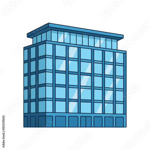 Modern blue glass office building illustration.