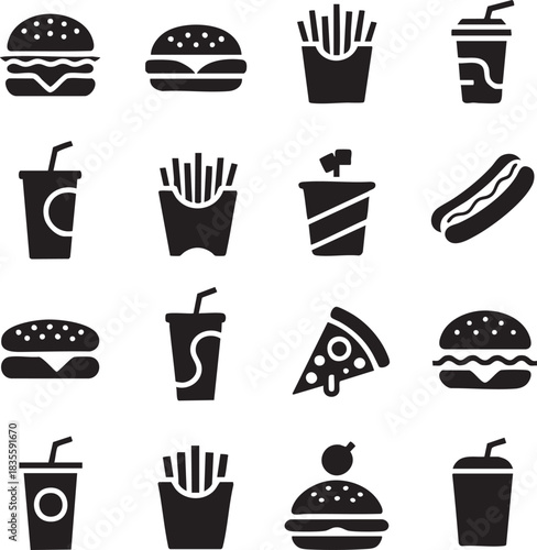 Selection of various junk food icons black silhouette vector design