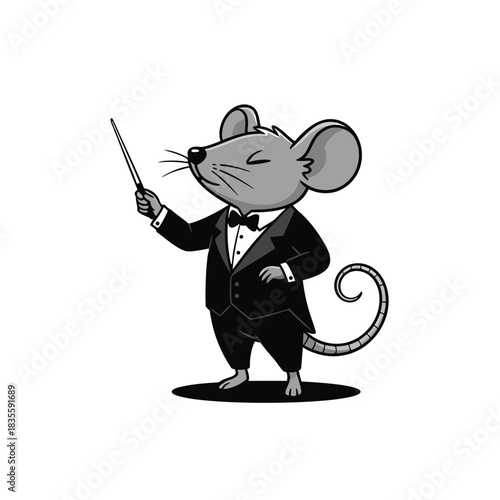 Mouse conductor in tuxedo with baton.