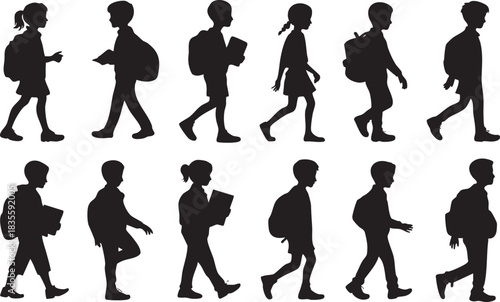 Silhouette of school children walking back to school vector illustration