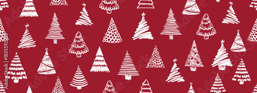 Festive Hand-Drawn Christmas Trees on Red Background	
