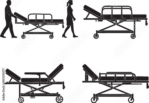 Silhouetted healthcare staff and adjustable hospital beds or stretchers graphic set