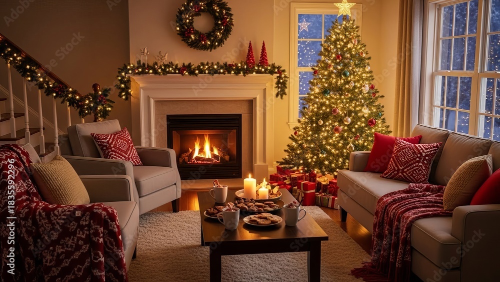Naklejka premium Christmas living room features a decorated tree with presents a warm fireplace and cozy furniture creating a festive and inviting atmosphere perfect for celebrating the holiday season with family and