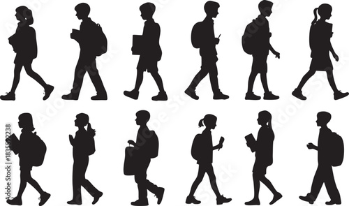 Silhouettes of Children Walking to School with Backpacks and Books