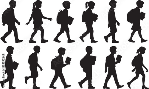 Silhouettes of children walking going to school or learning in class
