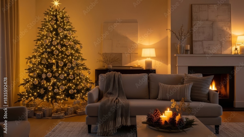 Naklejka premium Christmas tree stands brightly lit in a comfortable living room with a crackling fireplace creating a peaceful and inviting holiday scene perfect for family gatherings and celebrating the season.