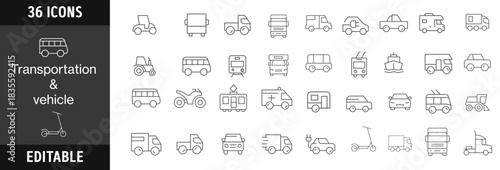 Transport icons set. Includes icons for car, truck, train, airplane, ship, road, delivery, logistics, and travel.