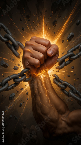 A strong hand grips and breaks chains with visible energy and sparks. The background shows dark colors mixing with bright light, creating a sense of strength and force