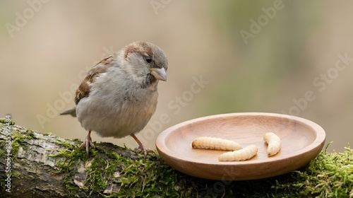 A sparrow looking at larvae on a wooden plate – a choice concept