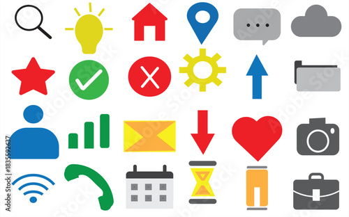“Colorful Flat UI Icon Set Featuring Search, Home, Map, Communication, Media, Notification, Business, and Productivity Symbols for Modern Digital Interfaces”