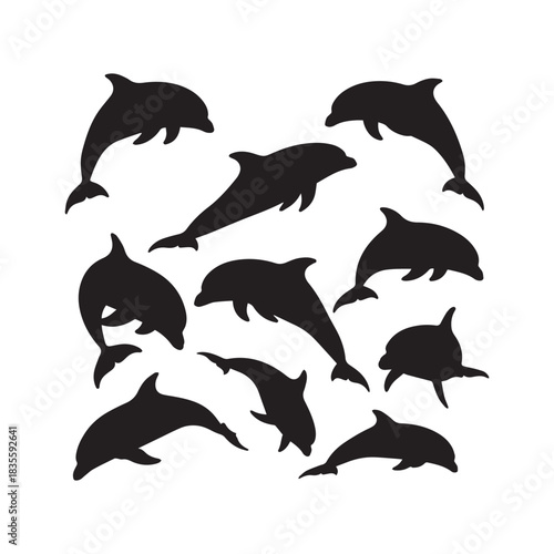 Dolphin Silhouettes Collection, Dolphin Silhouette, Marine Animal Vector, Ocean Wildlife Illustration