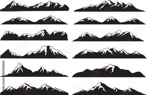 Ten mountain range silhouette vector illustration in simple black and white