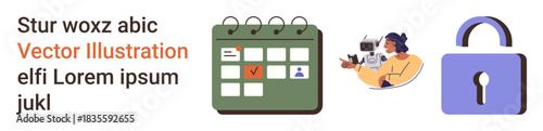 Security, organization, online collaboration, data privacy, scheduling, productivity. A calendar marked with events, person communicating online and a secure lock icon. Security and organization