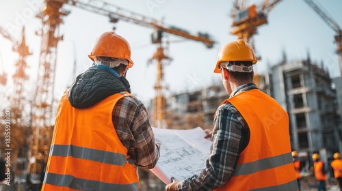 Construction blueprint scrutiny: Two construction workers collaborate intently, examining a blueprint amidst a bustling construction site. The dynamic interplay between planning and execution.