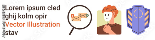 Cybersecurity, identity protection, online fraud prevention, safety protocols, communication security, and anonymity. Visual shows a magnifying glass over emails, a person holding a mask