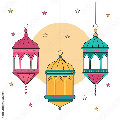 Colorful festive lanterns hanging with stars in flat vector
