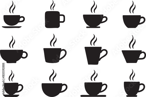 Various silhouettes of hot coffee or tea cups steaming illustration