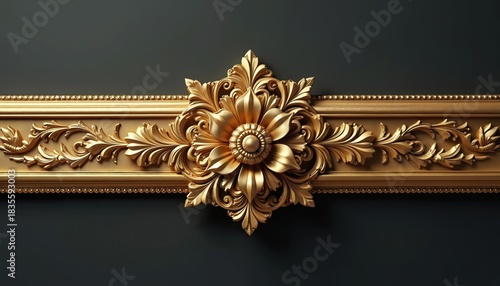 Ornate gold floral architectural detail in a dark setting. Decorative carved golden design elements form a luxurious border. Elegant classic style is visible on dark background.