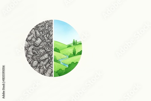 Nature transformation from pollution to lush green landscape plastic free sign 