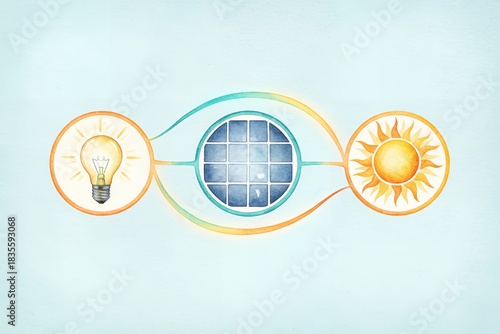 Solar energy concept with light bulb, solar panel, and sun  solar power diagram