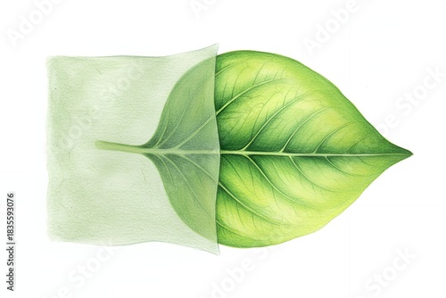 Green leaf emerging from a soft fabric on white background clean materials